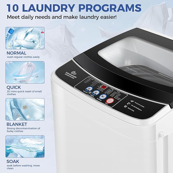 Nictemaw Portable Washing Machine 17.8Lbs 2.4 Cu.ft Full Automatic Washer Machine with 10 Programs and 8 Water Levels Small Washing Machine for Apartment, Rv, Home, Glass Cover