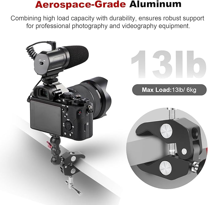 Mechrig Camera Clamp Mount with Dual Ballhead Magic Arm, Aluminum Camera Mount Super Clamp Kit for DSLR Action Camera/Phone/Monitor/LED Light/Microphone, for Desk/Tripod/Tube/Crossbar (SY001)