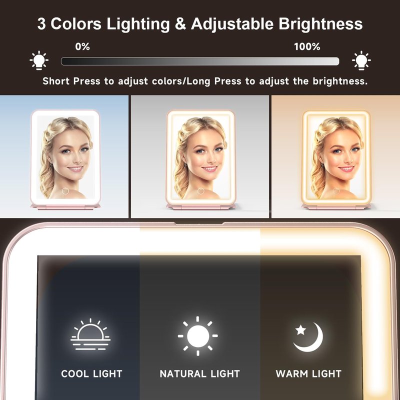 LED Foldable Travel Makeup Mirror - 5x7 inches 3 Colors Light Modes USB Rechargeable Touch Screen, Portable Tabletop Cosmetic for Travel, Cosmetic, Office (Rose Gold)