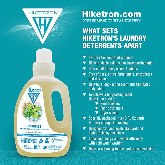 Hiketron Energize Liquid Laundry Detergent, 5x Ultra Concentrated, Tough Stains, Long Lasting Scent (40 Fl Oz, Pack of 1)