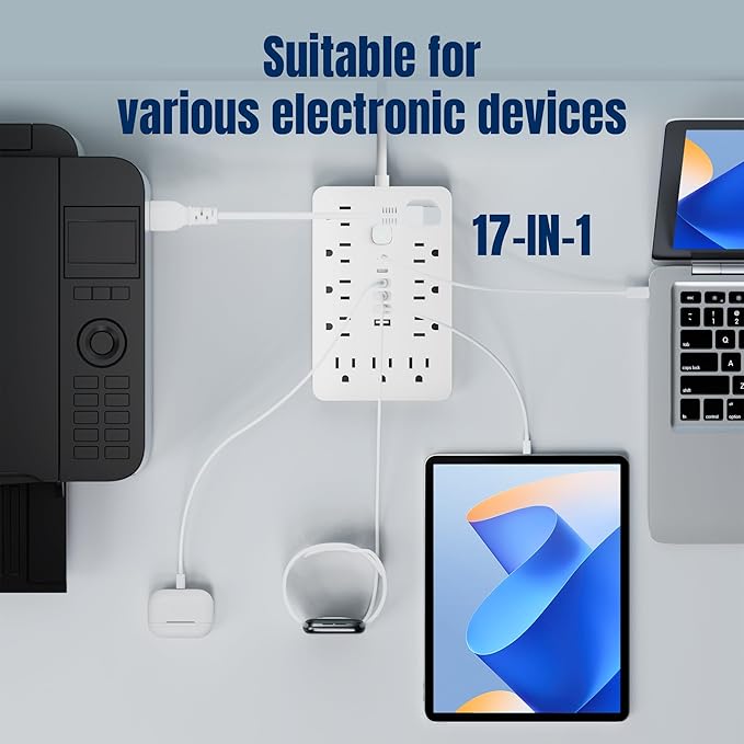 JouleLoom 2 Pack 5 FT Flat Plug Surge Protector Power Strip,11 Multiple AC Outlets with 6 USB Ports (2 USB C), 5 Feet Extension Cord, 1250W/10A, One Touch Switch Button, 17 in 1 Compact powerstrip