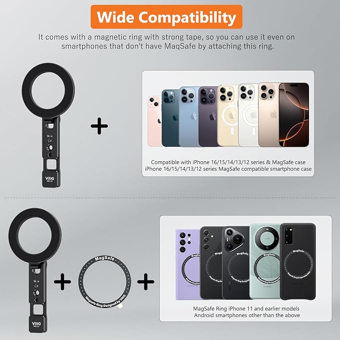 VRIG MG-23 Magnetic Phone Holder Compatible with Magsafe for iPhone 17 16 15 14 13 12 Pro Max Plus Series,Aluminum Tripod Mount Adapter with 1/4”-20 & Cold Shoe for Video Recording