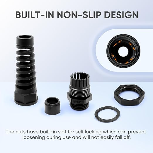 Strain Relief Cord Connector,LISTENJIALE 2Pcs NPT 3/8" Waterproof Cable Gland Flex Spiral Strain Relief Adjustable 5-10mm Cable Connector Nylon Joint with Gaskets(Black)