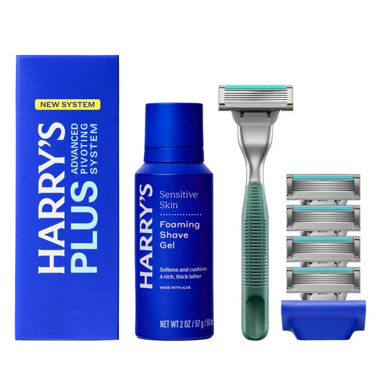 Harry's Plus Starter` Shaving Kit for Men - Premium Handle, 5 Razor Blade Cartridges, Foaming Shave Gel, and Travel Blade Cover - Advanced Pivoting System - Moss