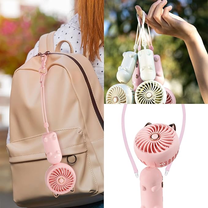 QearFun Handheld Lanyard Fan Portable, Mini Hand Held Fan with USB Rechargeable Battery, 3 Speed Strong Personal Table Fan, 8-12 Hours Small Makeup Fan for Girls Women Travel (White)