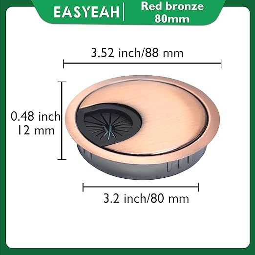 EASYEAH 2 Pcs Desk Grommet 3-1/8" / 80 mm, Desk Cord Hole Cover, Cable Grommet Metal Zinc Alloy Materilal, Desk Hole Grommet for Home & Office Pc, Detachable Cable Cord Organizer-Copper Red