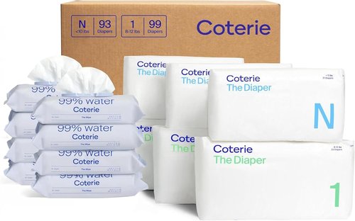 Coterie Baby Wipes & Diapers Kit - Size 1 (99 Count) & Newborn (93 Count) | Hypoallergenic, Plant-Based