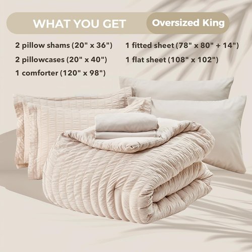 HYMOKEGE King Comforter Set - Beige Oversized 7-Piece Luxury Bedding Set | All-Season Seersucker Design