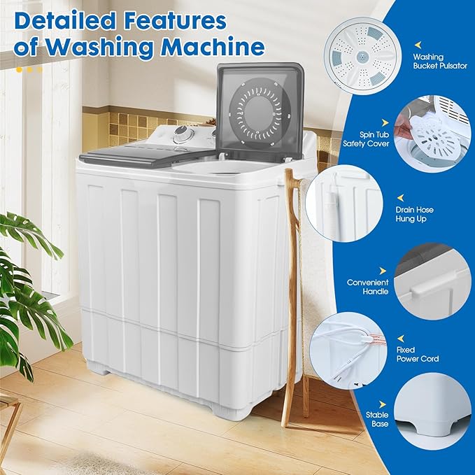 14 lbs Portable Dual Tub Washing Machine with 9.5 lbs Wash Capacity and 4.5 lbs Spin Capacity, Perfect for Small Spaces & Dorms, Grey
