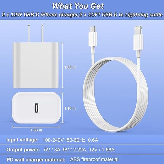 For iPhone Fast Charger, [Apple MFi Certified] 2 Pack PD USB C Wall Charger Block Plug with 10FT Extra Long USB C to Lightning Fast Charging Data Sync Cable for iPhone 14 13 12 11 XR X 8 iPad and More