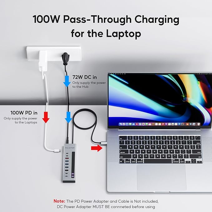 PULWTOP Powered USB C Hub, 10-in-1 USB 3.2 Data Hub with 3 x USB A/C 10Gbps, 3 x USBA 5Gbps, USB A 2.0, 100W PD-in, 2 x 24/45W Type-C Charging Ports (72W Adapter Included)