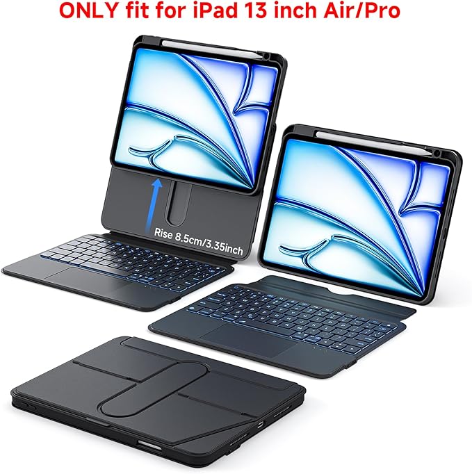 Tiaota Keyboard Case for iPad Air 13-inch (M2 & M3, 2024 & 2025) and iPad Pro 12.9-inch (3–6 Gen) with Multi-Touch Trackpad, 360° Rotating Stand, Portrait & Raised Modes, Detachable Cover – Black