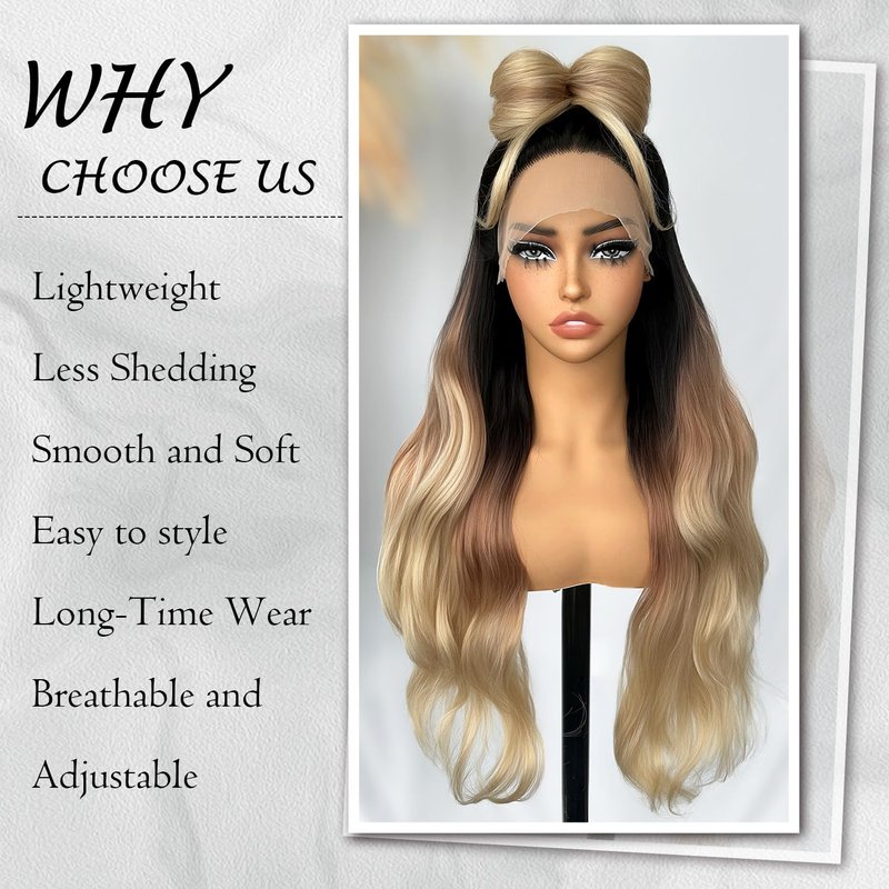SOKU Lace Front Wavy Wigs for Women 30 Inch Ombre Blonde Body Wave Synthetic Hair Triple Tones T Part Transparent Swiss Lace Front Wig for Women