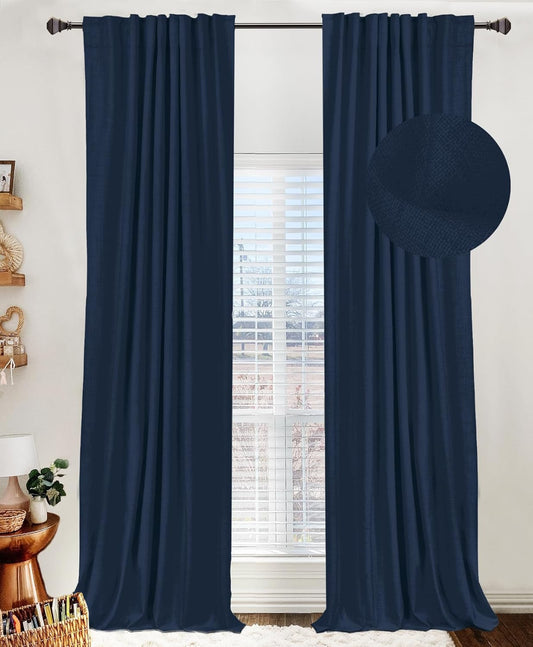 Skiennix 100% Blackout Linen Curtains - Thermal Insulated Drapes for Bedroom | 50" W x 72" L, Midnight Blue