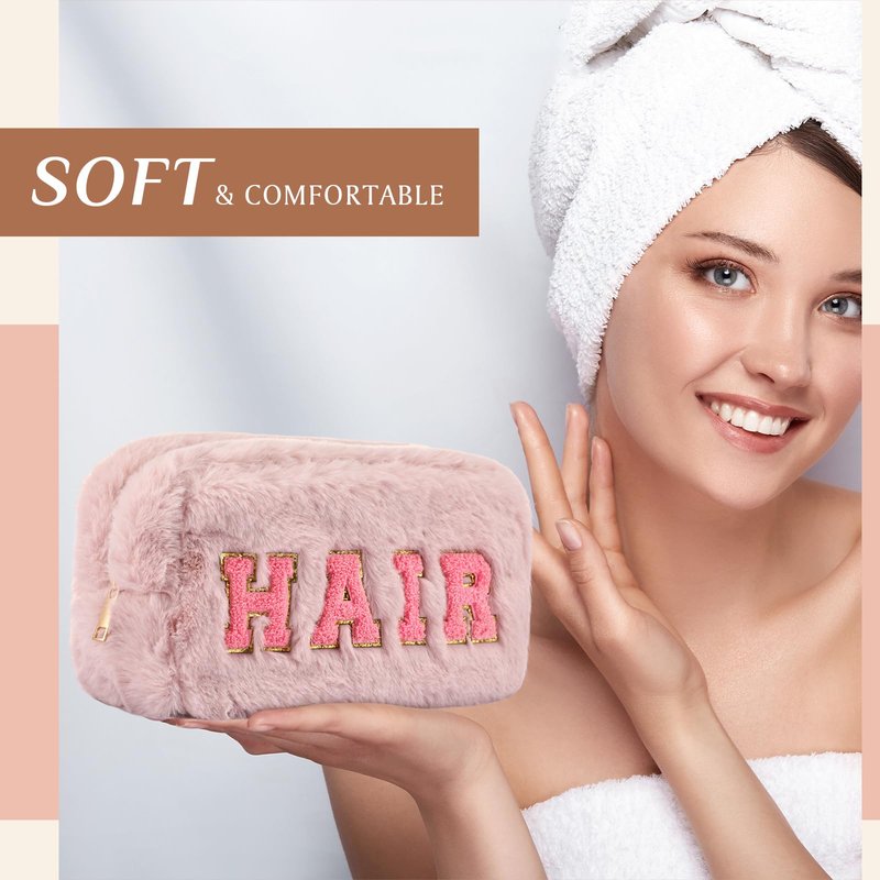 Paterr 4 Pieces Preppy Makeup Bag Chenille Letter Faux Fur Fluffy Bag Preppy Stuff Face Skin Hair Stuff Cute Toiletry Cosmetic Travel Bags Pouch with Zipper for Girls Women(Pink Brown)