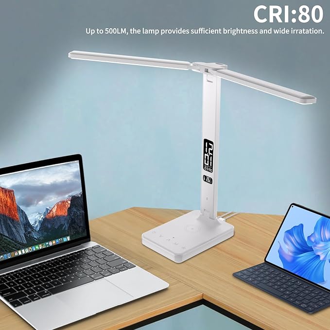 oviouit LED Desk Lamp with Charger, USB Charging Port, Dual Swing Arm Desk Light with 5 Brightness, 3 Colors, Table Lamp with Clock, Alarm, Date, Temperature, Desk Lamp for Home Office Study (White)