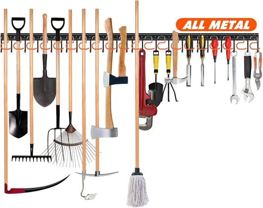 TVKB 68'' Adjustable Metal Garden Tool Organizer - Heavy-Duty Wall Mount Storage with Hooks