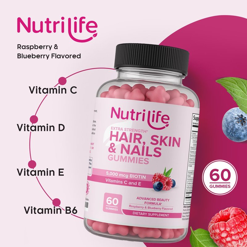 NutriLife Advanced Hair, Skin & Nails Gummies – Biotin with Vitamin C & E – Vegan Beauty Support – Promotes Hair Growth, Strong Nails & Radiant Skin – Non-GMO, Gluten-Free, Made in USA