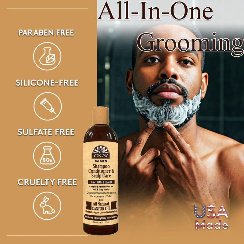 OKAY-MEN 3 in 1 Shampoo and Conditioner - Castor Oil Shampoo and Conditioner, Beard Wash, Clarifying Treatment for Dry Damaged Hair, Dandruff, Curly Hair - 16 Fl Oz (Pack of 2)