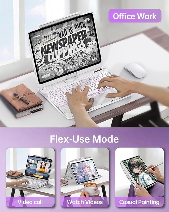 Intermerge Transparent Case with Keyboard for iPad Air 13"(M4/ M3/ M2, 2026/2025/ 2024) & Pro 12.9" (2022-2018) - 360° Swivel Multi-Touch Trackpad, 7-Color Backlit, Pencil Holder, Frost Pulse