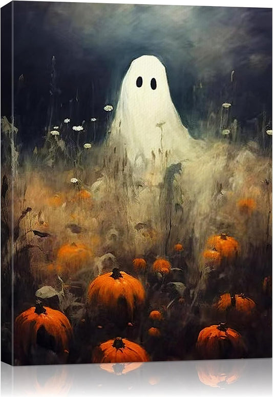 Spooky Ghost in Pumpkin Patch Canvas Wall Art by Halloween | Vintage Gothic Fall Decor for Living Room
