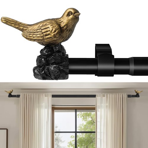 KVEEO Vintage Black Curtain Rod 18 to 45 Inches Curtain Rods for Windows Adjustable Heavy Duty Drapery Rod with Gold Bird Finials for Kitchen Window Living Room