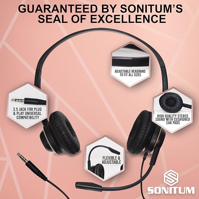 Sonitum Headset with Microphone - Noise Canceling Computer Headset for Office, Meetings, Chat- Comfortable Over-Ear PC Headphones with Rotating Mic- 3.5 Jack for Universal Connectivity (1 Pack)