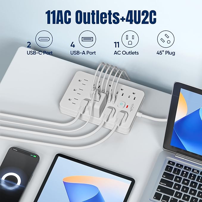 JouleLoom 2 Pack 5 FT Flat Plug Surge Protector Power Strip,11 Multiple AC Outlets with 6 USB Ports (2 USB C), 5 Feet Extension Cord, 1250W/10A, One Touch Switch Button, 17 in 1 Compact powerstrip