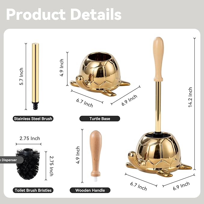 Turtle Base Toilet Brush Set - Gold Ceramic Toilet Scrubber Brush 7.5â Bowl Cleaner with Ergonomic Handle, Mini Cute Bathroom Cleaning Brush - Bathroom Decor