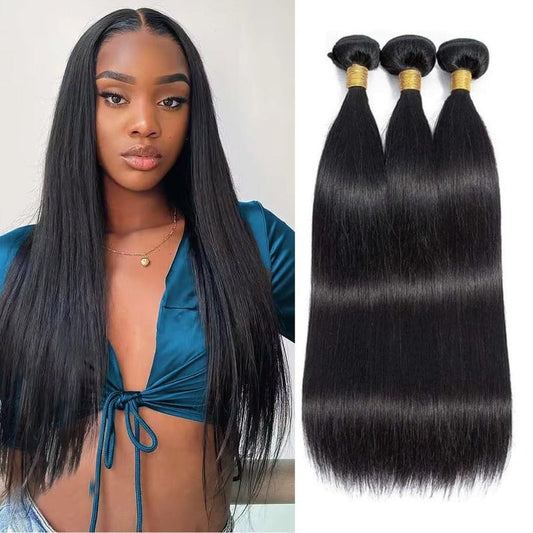 Straight Bundles Human Hair 16 16 16 Inch Brazilian Straight Hair Bundles 100% Unprocessed Virgin Hair Weave Bundle Human Hair Extensions for Women Trippy Hair Bundle Natural Color