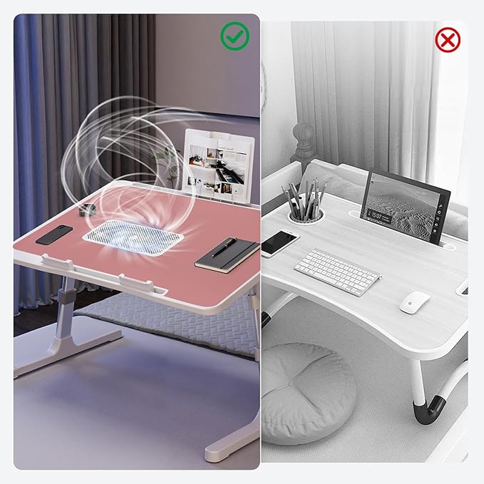 iXTRA Laptop Lap Desk Include Cooling Fan,Adjustable Lap Desk with Light Fan,Folding Laptop Desk for Bed with USB,Bed Desk with Storage Drawer 60x40cm,Pink