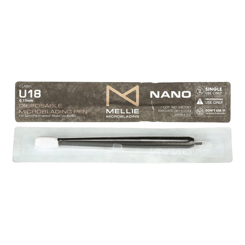 PACK OF 10 - Mellie Microblading Disposable Microblading Pen with Pigment Sponge Disposable Tool For Creating Eyebrows Microblading Supplies (Black, U18 NANO .15mm)