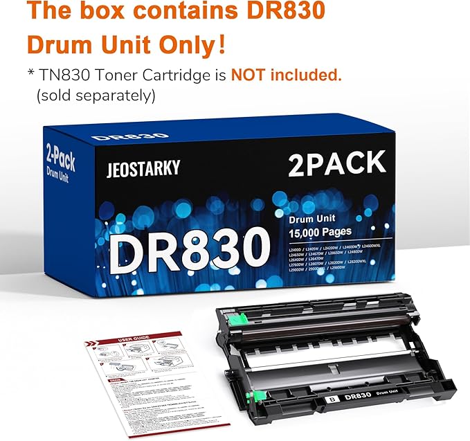Jeostarky Compatible DR830 Drum Unit (NOT Toner) Replacement for Brother DR830 DR-830 Drum use with HL-L2460DW HL-L2405W HL-L2400D HL-L2480DW MFC-L2820DW MFC-L2820DW XL DCP-L2640DW Printer (2 Pack)