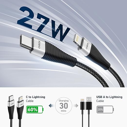 ohbox USB C to Lightning Cable [10FT, 2Pack] Long iPhone Charger Braided PD Fast Charging Cord for iPhone 14 13 12 11 8 7 6 6s XR/XS/SE/X, iPad - Black