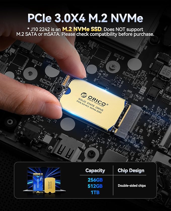 ORICO M.2 2242 NVMe SSD 1TB, PCIe 3.0 with 3500MB/s Read Speed, Premium NAND, Copper Heatsink for Laptops, Mini PCs, IoT Devices, and DIY External Drives - J10-2242