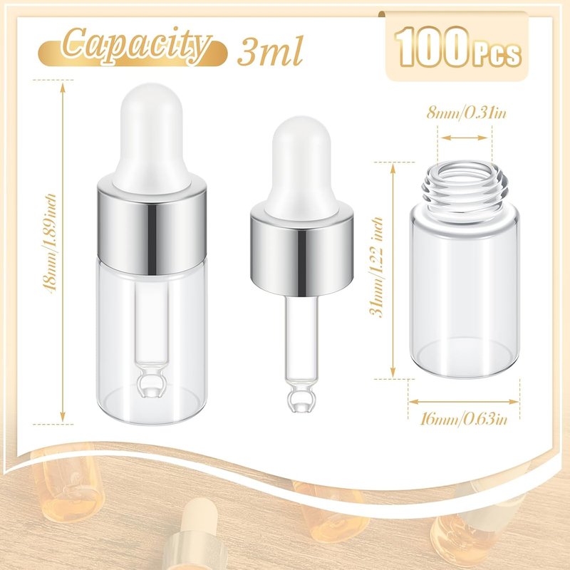 Mini Glass Oil Dropper Bottles - 100 Pcs 3ml Clear Essential Vials for Travel | Perfect for Perfume & Samples