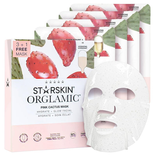 STARSKIN Orglamic Pink Cactus 2-Step Sheet Mask 4x25g, Hydrating & Firming Face Mask for all Skin Types, Revitalizing and Nourishing with Tumeric and Camellia Oil, K Beauty Skincare