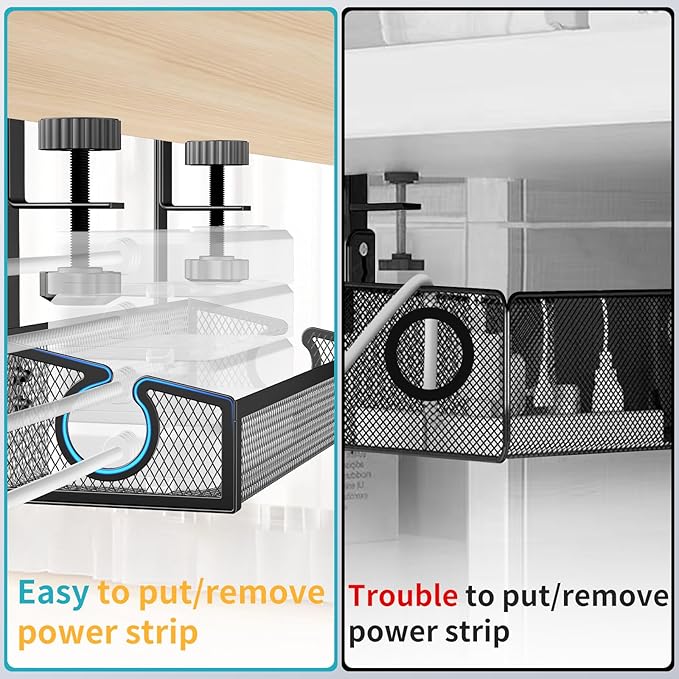 Under Desk Cable Management Tray Black, No Drill Desk Cable Management Organizer with Clamp for Desk Wire Management, PC Cord Organizer Accessories & Workspace Organizers for Office, Home(2 Pack)