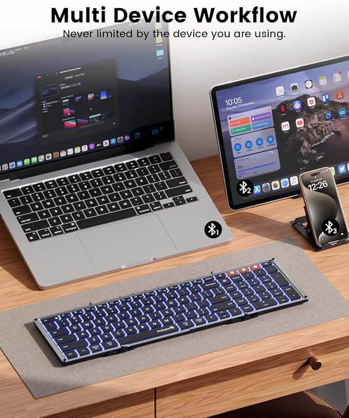ProtoArc Backlit Foldable Keyboard, XK01 Plus Folding Portable Bluetooth Keyboard for Travel, True Full Size External Wireless Keyboards with Backlight for iPad Tablet Smartphone Laptop - Gray