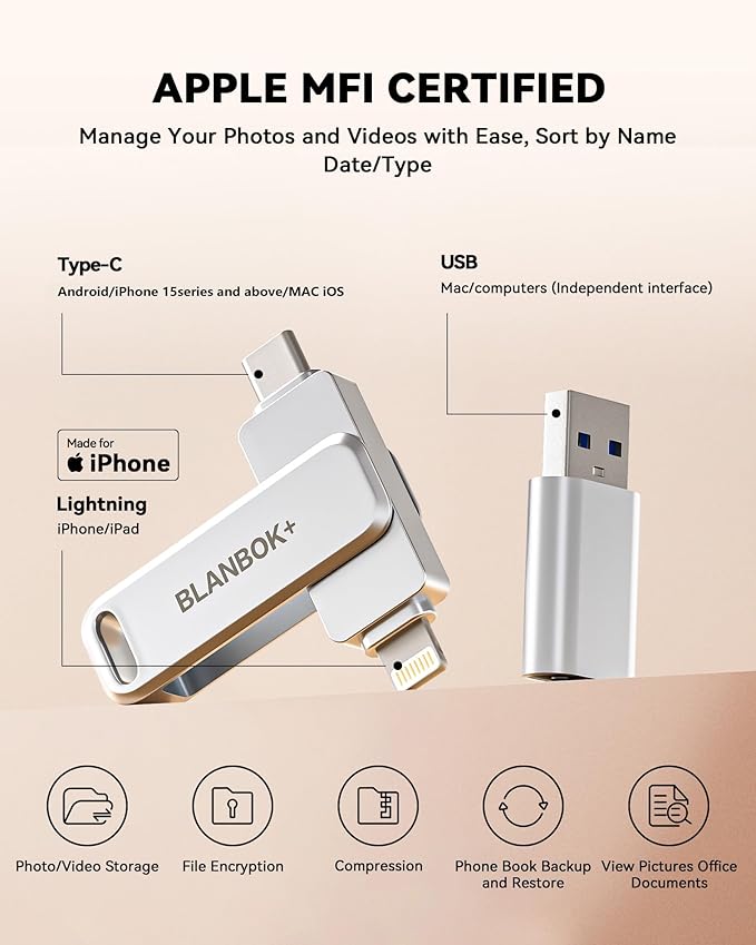 BLANBOK+ MFi Certified 128GB Flash Drive for iPhone Photo Stick, USB Thumb Drive Memory Stick High Speed USB Drive Photo Storage for iPhone USB Stick Compatible for iPhone/iPad/Android/PC, BLA231