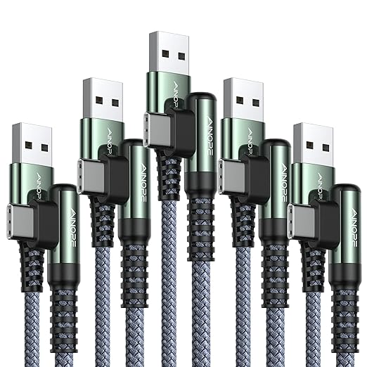 AINOPE USB C Charger 5-Pack [10/6.6/6.6/3.3/1.6ft] 3.1A Fast Charging, Right Angle, Nylon Braided, Compatible with Galaxy S22/21 Note20, LG V20