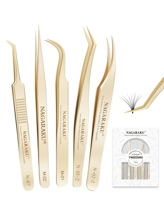 NAGARAKU Professional Eyelash Extension Tweezers, Precision Tip Stainless Steel Lash Tool Straight & Curved for Individual & Volume for Salon Use, 5 PCS Tweezer Set Easy Fanning w. Paper Box