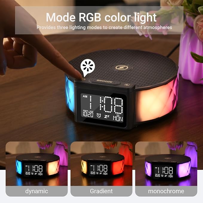 YIDPU Alarm Clock with Fast Wireless Charging 15W,Digital Alarm Clock Night Lamp for Bedroom, RGB Nightlight for 5 Colors,Snooze Mode,8 Types of Music with Cable (Black)