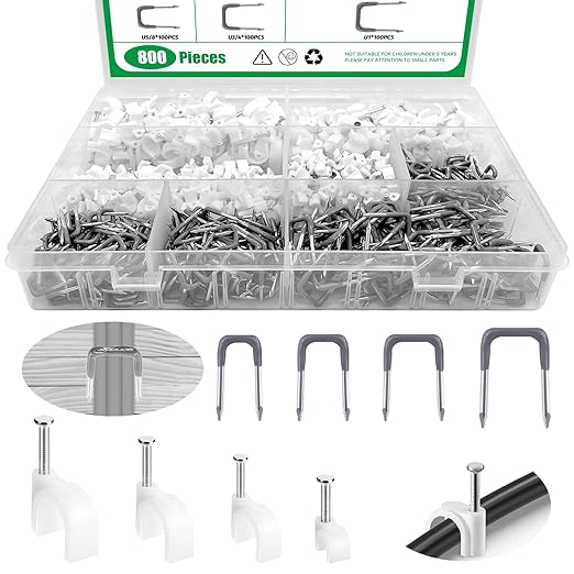 Yauhar 800Pcs 4mm 6mm 8mm 10mm J-Hook Ethernet Cable Nails Wire Clips with Steel Nails and 5/8" 3/4" 1/2" 1" Insulated U Staple Nail for Home Office Business