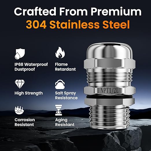 QILIPSU 4pcs 1/2" NPT 304 Stainless Steel Cable Gland Waterproof IP68 Metal Strain Relief Cord Grip Long Thread Cable Pass Through Wire Connector