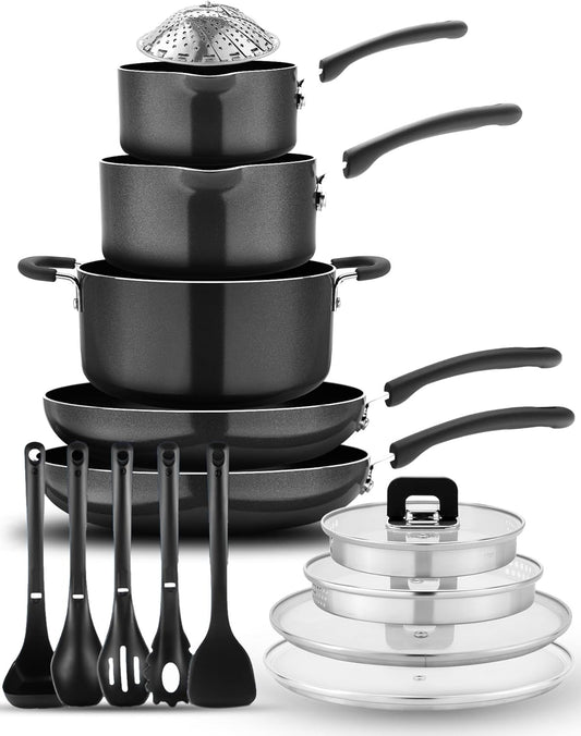 NutriChef 17-Piece Non-Stick Cookware Set - Induction-Compatible, Space-Saving Design, Black with Heat-Resistant Utensils