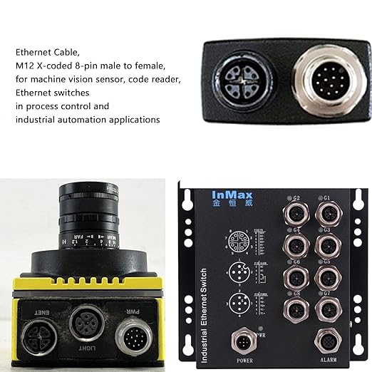 HangTon M12 Ethernet 8 Pin X Coded RJ45 CAT7e GigE Cable for Basler Cognex Keyence Datalogic Microscan Sick Camera Sensor High Speed Network Switch 2 Meter