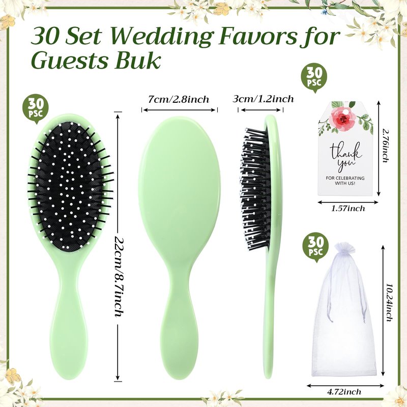 Yiyiring 30 Sets Bridal Shower Hair Brush Favors for Guests Sage Green Wet Detangling Brush bulk with Organza Bags Thank You Card for Wedding Baby Shower Party Gifts for Women