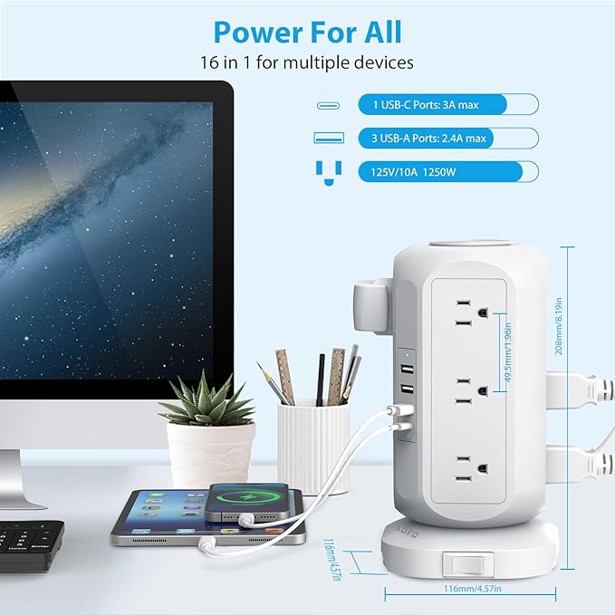 15 ft Long Extension Cord Power Strip Tower,AOFO Power Strip 12 AC Outlets 4 USB(1 USB C) Ports, Charging Tower Overload Protection with Multiple Outlets for Home Dorm Office