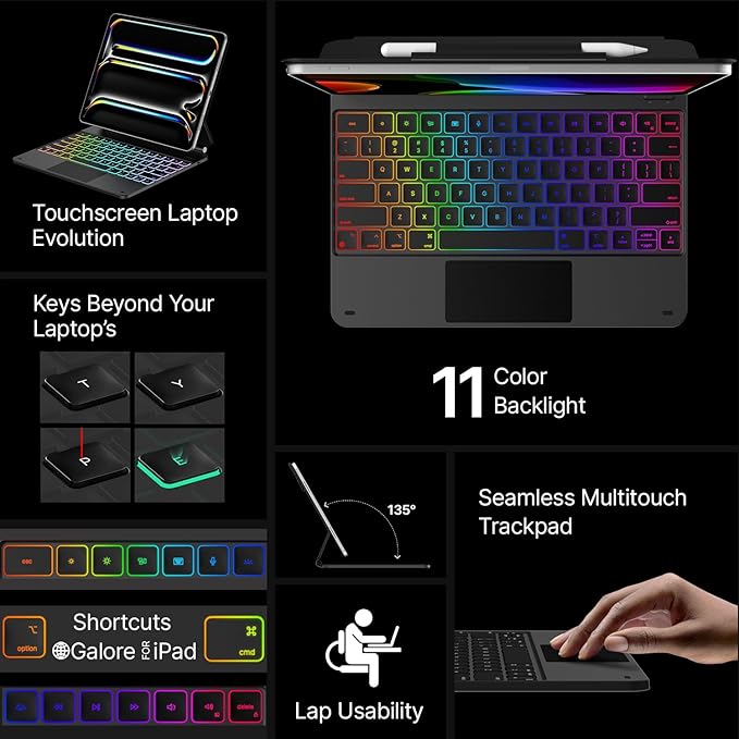 typecase Keyboard Case for iPad Pro 13-inch (M5 2025 / M4 2024), Magic Keyboard with 11 Colors Backlight, Keyboard Case with Pencil Holder, Multi-Touch Trackpad,Easy-Set Magnetic Stand, Black